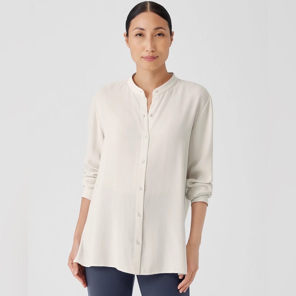 EILEEN FISHER NWT L Silk Georgette Crepe Band Collar Shirt in Bone • Neutral